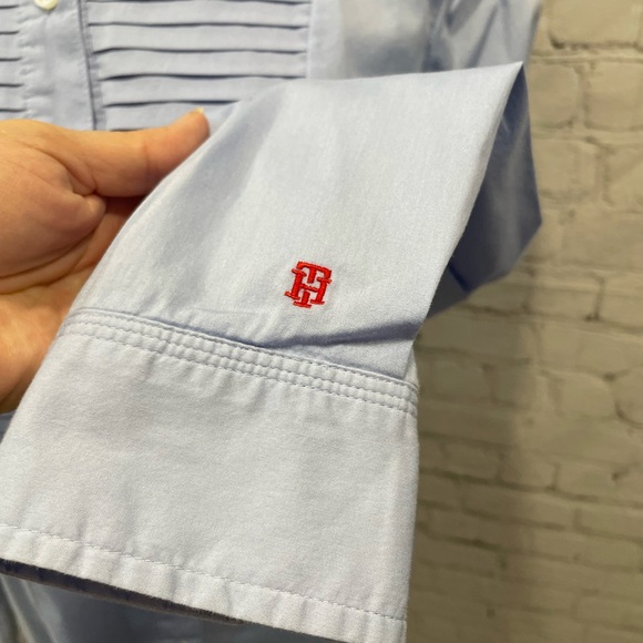 TOMMY HILFIGER WOMAN LIGHT BLUE  LONG SLEEVES SHIRT pleated neckline SIZE S/P - Picture 9 of 13
